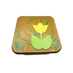 Vintage Retro Wooden Folk Art Hand Painted Floral Trinket Box 9X6